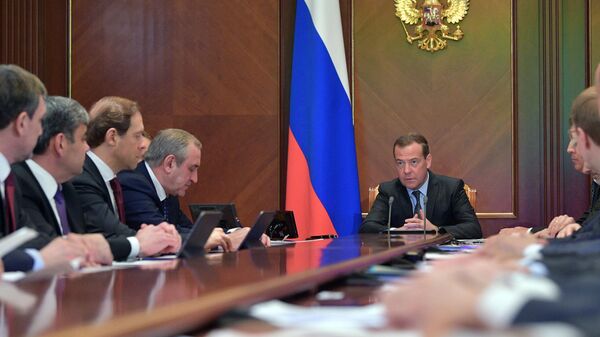 Премьер-министр РФ Дмитрий Медведев проводит селекторное совещание о ходе весенних сельскохозяйственных работ. 5 апреля 2019