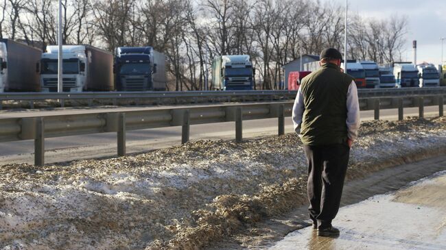 Грузовики в очереди на пересечение российско-украинской границы. Архивное фото