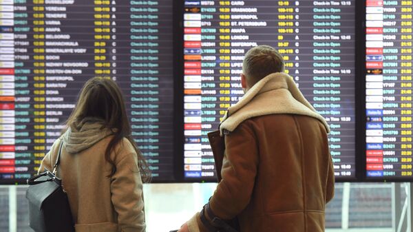 Пассажиры смотрят информационное табло в аэропорту Домодедово