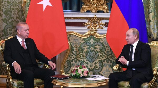 Президент России Владимир Путин и президент Турции Реджеп Эрдоган во время встречи в Москве. 8 апреля 2019