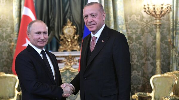 Президент России Владимир Путин и президент Турции Реджеп Эрдоган во время встречи в Москве. 8 апреля 2019