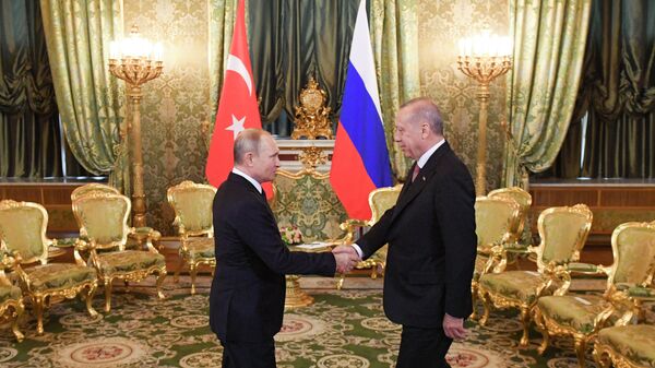 Президент России Владимир Путин и президент Турции Реджеп Тайип Эрдоган во время встречи. 8 апреля 2019