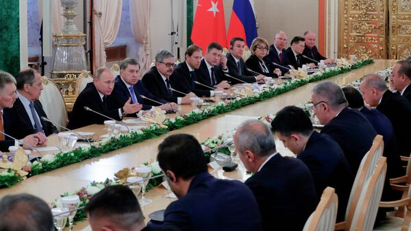 Президент РФ Владимир Путин и президент Турции Реджеп Тайип Эрдоган участвуют в восьмом заседании российско-турецкого Совета сотрудничества высшего уровня. 8 апреля 2019