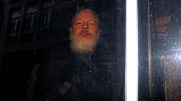 Основатель WikiLeaks Джулиан Ассанж в полицейском фургоне после задержания в Лондоне. 11 апреля 2019