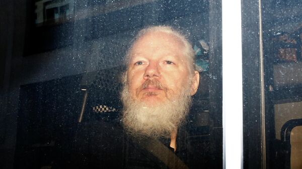 Основатель WikiLeaks Джулиан Ассанж в полицейском фургоне после задержания в Лондоне