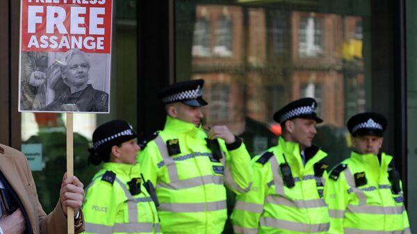 Мужчина с плакатом в поддержку Джулиана Ассанжа у здания Вестминстерского суда в Лондоне