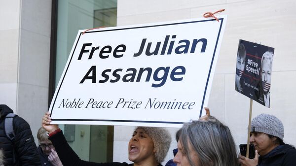 Люди с табличками Освободить Джулиана Ассанжа