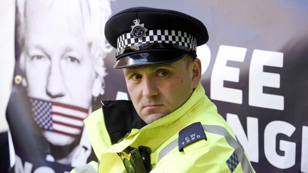 Полицейский рядом с баннером с изображением WikiLeaks Джулиана Ассанжа у Вестминстерского суда в Лондоне
