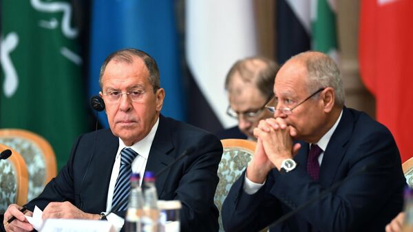 Сергей Лавров и генеральный секретарь Лиги арабских государств Ахмед Абуль-Гейт на V министерской сессии Российско-Арабского Форума сотрудничества в Москве. 16 апреля 2019