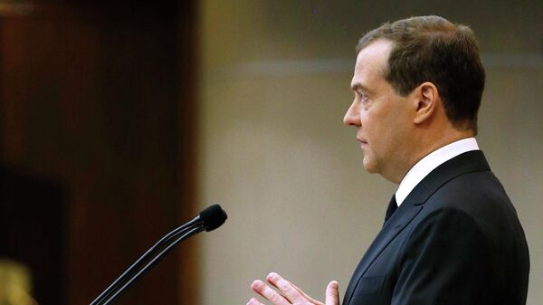 Председатель правительства РФ Дмитрий Медведев выступает в Государственной Думе РФ. 17 апреля 2019