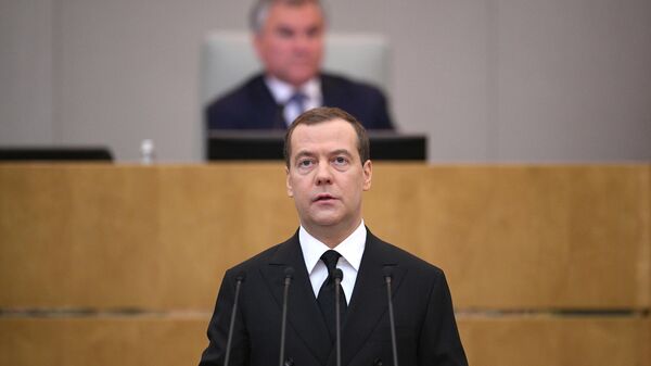 Председатель правительства РФ Дмитрий Медведев после выступления в Государственной Думе РФ. 17 апреля 2019