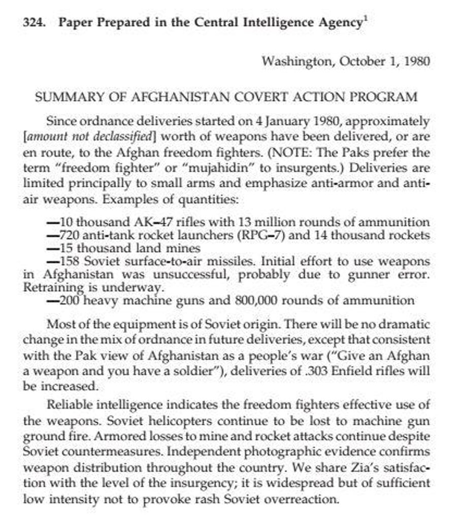 Фрагмент отчета ЦРУ США о выполнении программы тайных действий в Афганистане от 1 октября 1980 года
