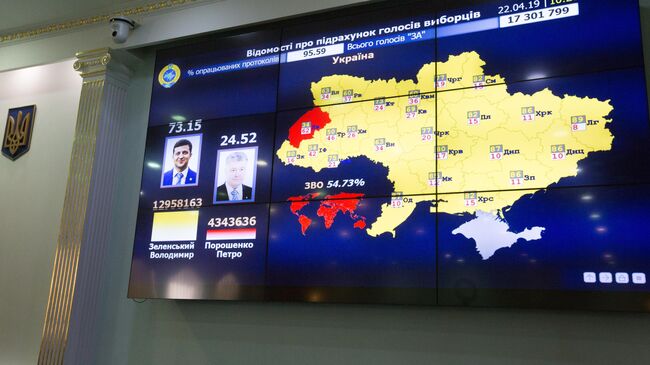 Монитор в центральной избирательной комиссии Украины с информацией о предварительных результатах подсчета голосов второго тура президентских выборов на Украине. 22 апреля 2019