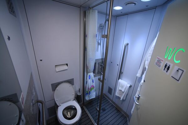 Душевая кабина в туалетной комнате нового одноэтажного купейного вагона дальнего следования на Рижском вокзале в Москве