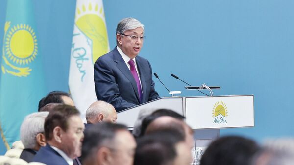 Действующий президент Казахстана Касым-Жомарт Токаев на XIX внеочередном съезде партии Нур Отан