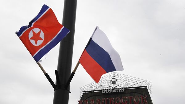Флаги России и КНДР на железнодорожном вокзале Владивостока, куда прибудет поезд председателя КНДР Ким Чен Ына