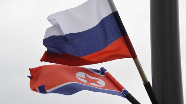 Флаги России и КНДР на железнодорожном вокзале Владивостока, куда прибудет поезд председателя КНДР Ким Чен Ына