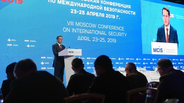 Директор Службы внешней разведки Сергей Нарышкин выступает на VIII Московской конференции по международной безопасности. 25 апреля 2019
