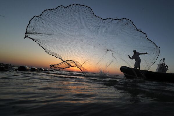Рыбак закидывает сеть неподалеку от Абу-Даби, ОАЭ 