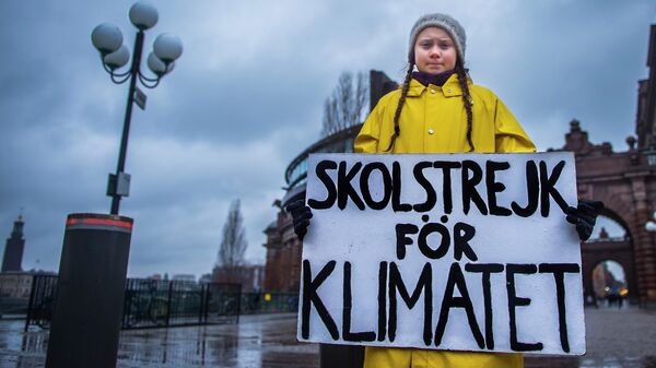 Шведская 15-летняя активистка Грета Тунберг во время одиночного пикета против изменения климата у здания парламента в Стокгольме