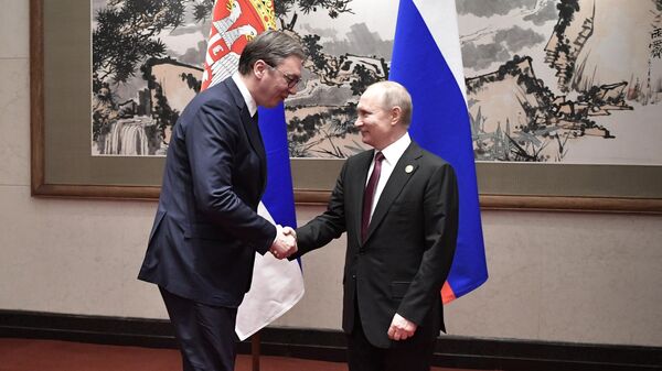Президент РФ Владимир Путин и президент Республики Сербии Александр Вучич на полях форума Один пояс - один путь в Пекине. 26 апреля 2019