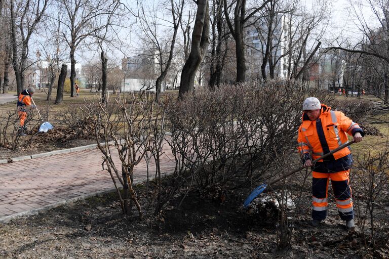 Сотрудники коммунальных служб во время уборки территории в парке Декабрьского восстания в Москве