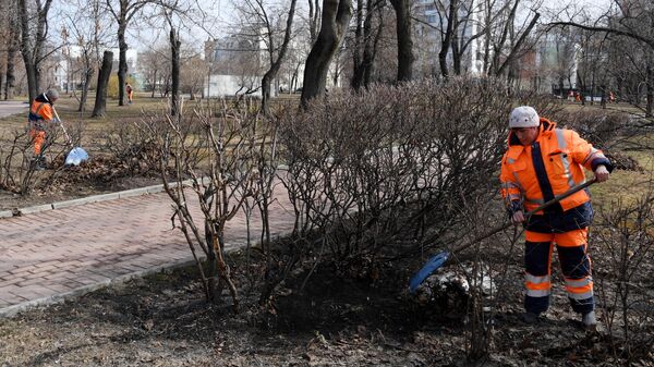 Сотрудники коммунальных служб во время уборки территории в парке Декабрьского восстания в Москве