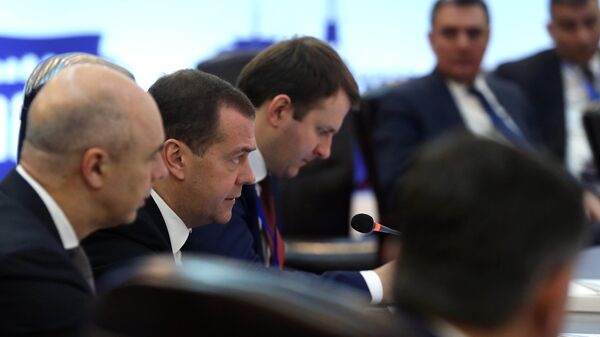 Председатель правительства РФ Дмитрий Медведев во время заседания Евразийского межправительственного совета в расширенном составе. 30 апреля 2019