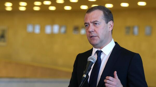 Председатель правительства РФ Дмитрий Медведев во время подхода к прессе по итогам заседания Евразийского межправительственного совета в расширенном составе. 30 апреля 2019