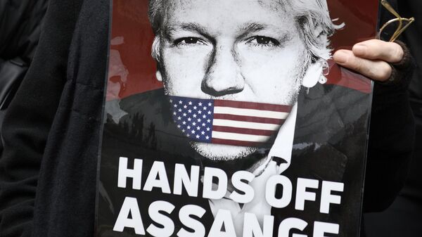 Участница акции в поддержку основателя WikiLeaks Джулиана Ассанжа в Лондоне