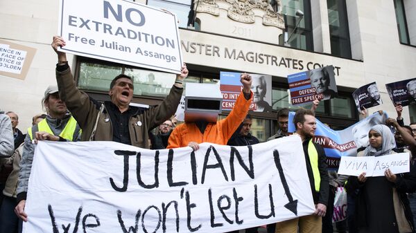 Участники акции в поддержку основателя WikiLeaks Джулиана Ассанжа у здания Вестминстерского мирового суда в Лондоне. 2 мая 2019
