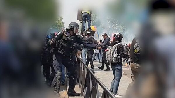 Стоп-кадр видео избиения корреспондента РИА Новости в Париже Виктории Ивановой