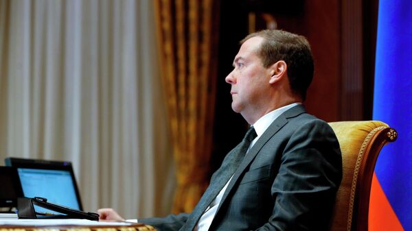 Председатель правительства РФ Дмитрий Медведев проводит совещание в режиме видеоконференции по вопросу исполнения поручений президента РФ и правительства РФ. 14 мая 2019