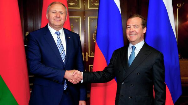  Дмитрий Медведев и премьер-министр Белоруссии Сергей Румас во время встречи. 24 мая 2018