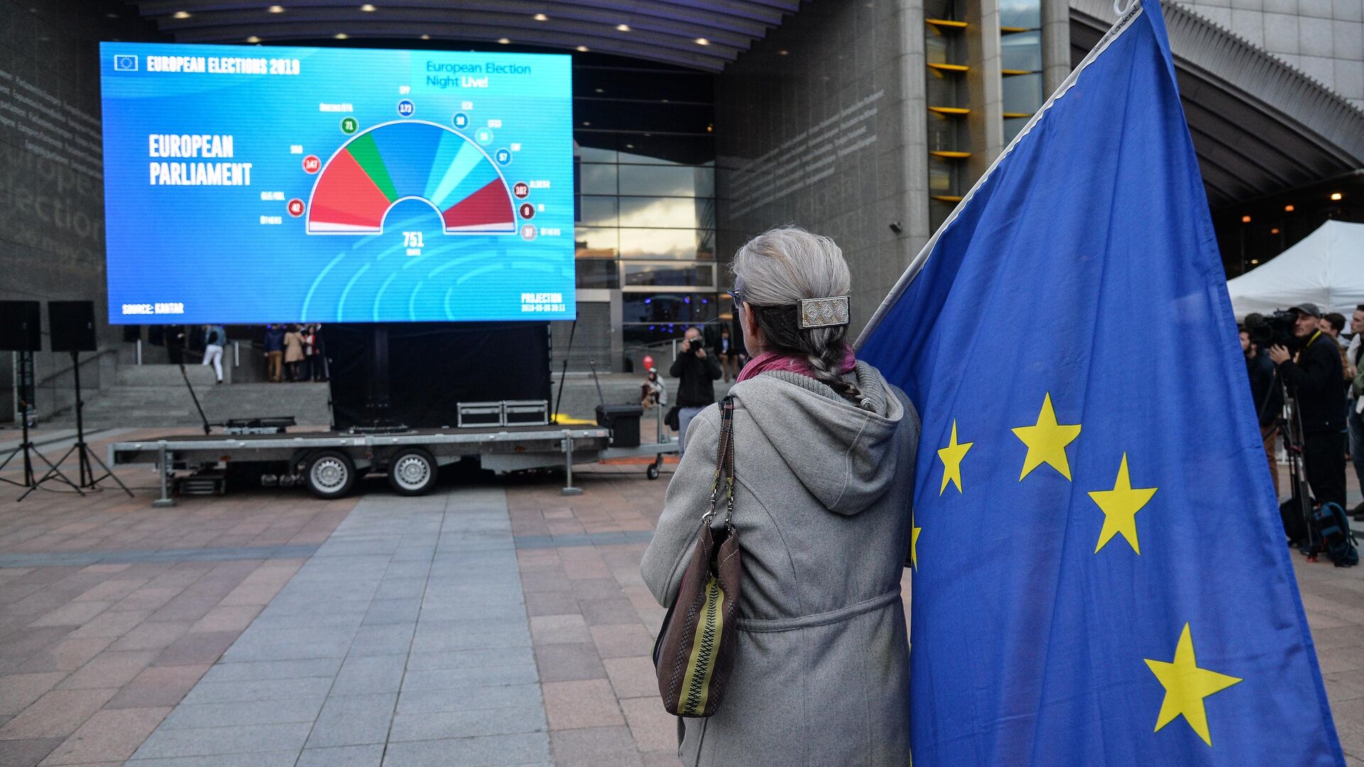 Женщина с флагом ЕС у штаб-квартиры Европарламента в Брюсселе - РИА Новости, 1920, 22.02.2021