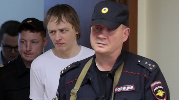 Обвиняемый по делу Нового величия Дмитрий Полетаев в Люблинском суде Москвы. 27 мая 2019