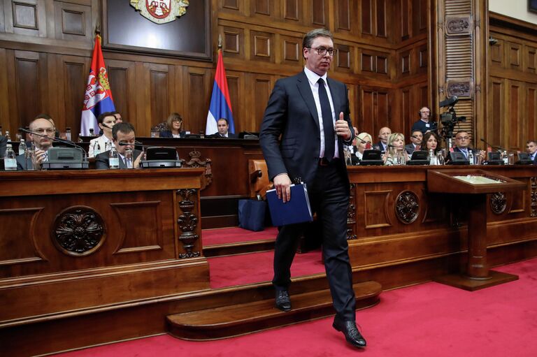 Президент Сербии Александр Вучич в парламенте в Белграде. 27 мая 2019