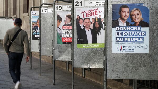 Предвыборные плакаты кандидатов в заключительный день голосования на выборах в Европейский парламент (ЕП) у избирательного участка в Париже