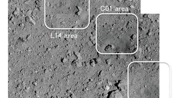 Высококачественная фотография рукотворного кратера (С01) на астероиде Рюгю,  полученная зондом Хаябуса-2