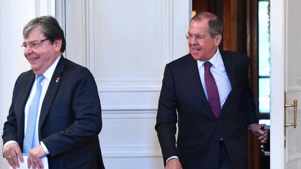 Министр иностранных дел России Сергей Лавров и министр иностранных дел Колумбии Ольмес Трухильо во время встречи. 3 июня 2019