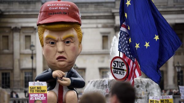 Участники акции протеста на Трафальгарской площади в Лондоне против официального визита президента США Дональда Трампа в Великобританию