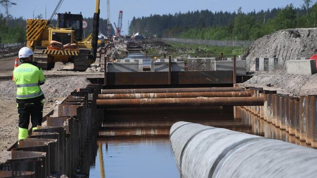 Рабочий на участке строительства газопровода Северный поток-2 в Ленинградской области