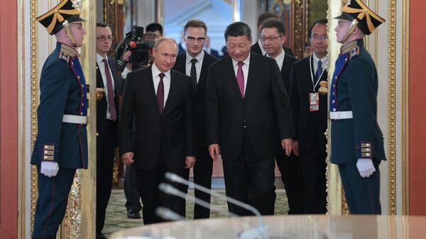 Президент РФ Владимир Путин и председатель КНР Си Цзиньпин перед началом российско-китайских переговоров в Кремле