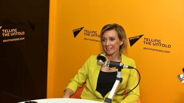 Директор департамента информации и печати Министерства иностранных дел Российской Федерации Мария Захарова во время интервью радио Sputnik в рамках ПМЭФ-2019.