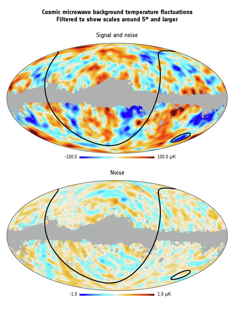 Реликтовое излучение Вселенной по данным зонда Planck. Кружком отмечена одна из аномалий, холодное пятно