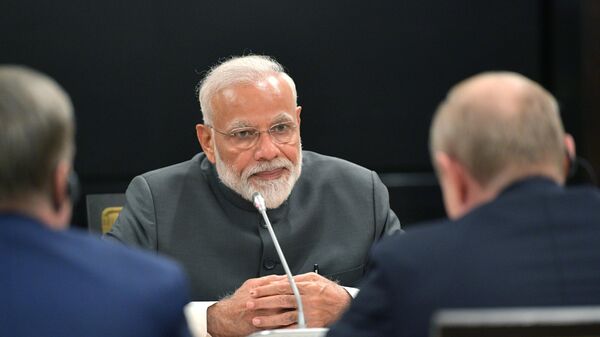 Премьер-министр Индии Нарендра Моди во время встречи в Бишкеке с президентом РФ Владимиром Путиным