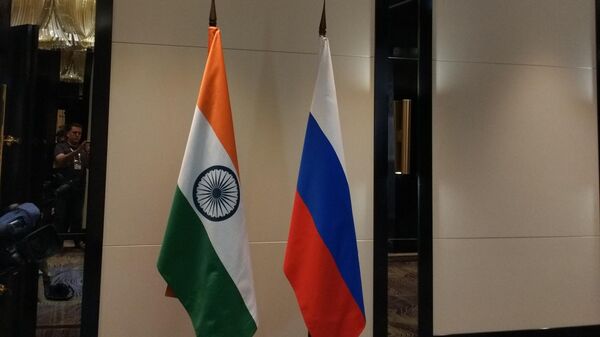 Flags of Russia and India at the entrance to the meeting room of the leaders of the two countries, Vladimir Putin and Narendra Modi.