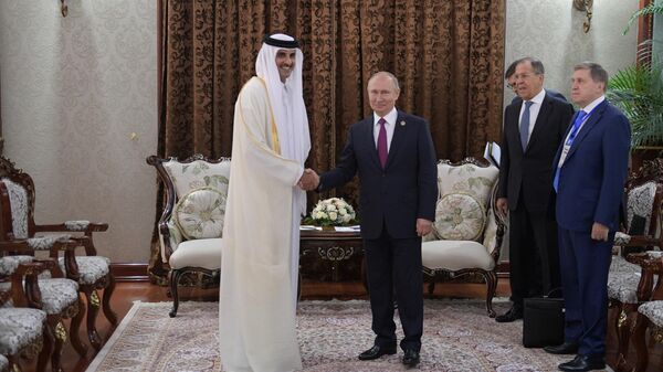 Владимир Путин во время встречи с эмиром Катара Тамимом бен Хамадом Аль Тани