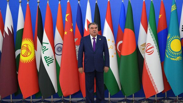 Президент Таджикистана Эмомали Рахмон во время церемонии приветствия глав делегаций государств, принимающих участие в Совещании по взаимодействию и мерам доверия в Азии в Душанбе. 15 июня 2019