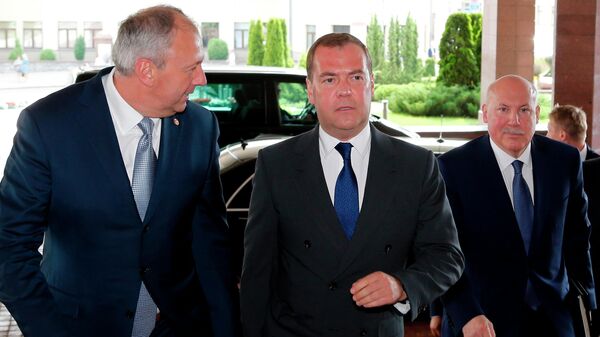 Председатель правительства РФ Дмитрий Медведев и премьер-министр Белоруссии Сергей Румас во время встречи в Минске. 21 июня 2019